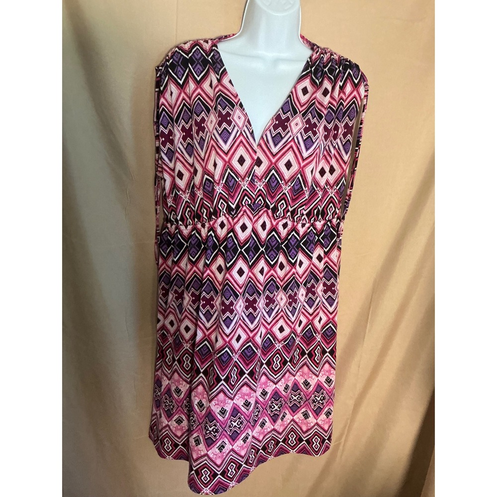 Faded Glory Geometric Print Dress Womens XL Pink Purple Excellent V-Neck Stretch